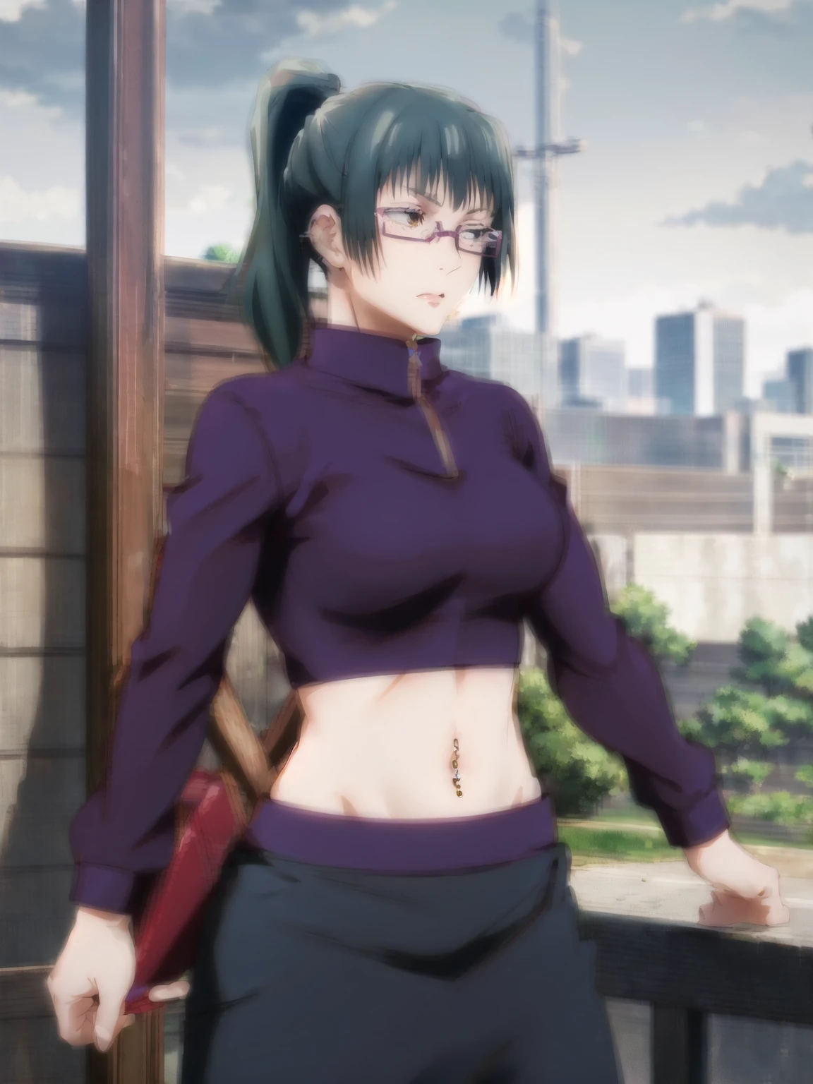 Maki Zenin, sports bra, long pants,curved, dark green hair, ponytail, well proportioned, muscular, large thighs, medium chest, purple glasses, gym background, arms up, armpits visible