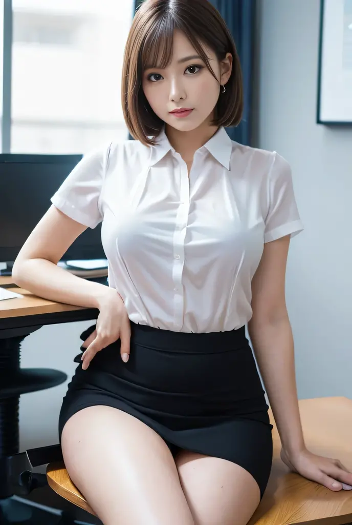 Japanese women、office lady、19 years old, Anatomically correct, Perfect Anatomy, very cute, beautiful, (White cut and sew shirt, business suit、Pencil Skirt:1.2), ((Embarrassing:1.3)), blush、(office:1.1), (highest quality:1.3)、Best lighting、High resolution、(8k, High resolution:1.2), (photograph, Realistic:1.2)、The face is in focus、(Concentrated, Symmetrical pupils:1.2)、beautiful肌、Natural Makeup、Gloss lips, High-definition hair texture, (View Viewer:1.2), (short hair), (Multiple Angles:1.2), (Small breasts,:1.1), (Place your hand on your chest:1.1)、Sitting