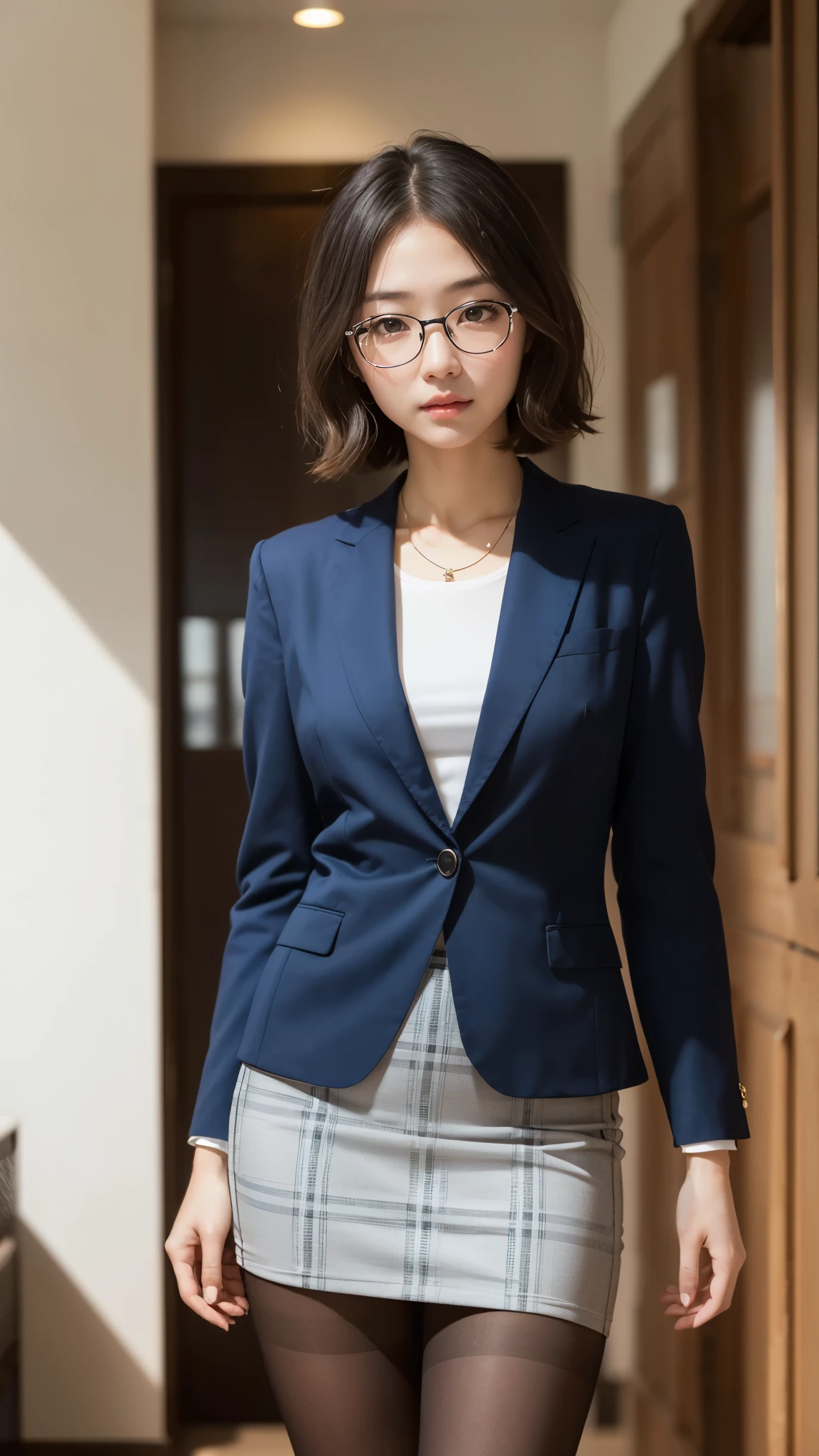 of the highest quality, Photorealistic, 8K, High resolution, 1 girl, Female, (medium breasts: 1.8), Office, Pubic hair visible, Gray suit, , Long skirt boldly pulled up, At work, (((Sit at a desk and open your legs wide)), Bend your knees and open your legs, rather short hairstyle, Stockings,