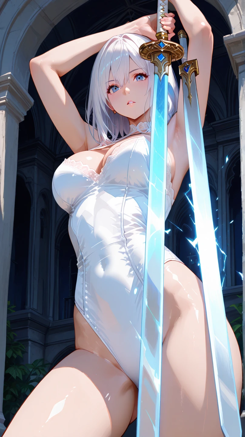 1 female，Attractive anime girl,whole body肖像，whole body，White lingerie，White Thong，Holding a sword，White short hair，Pale skin、Pale skin、Big boobs，较Big ，White sandals，