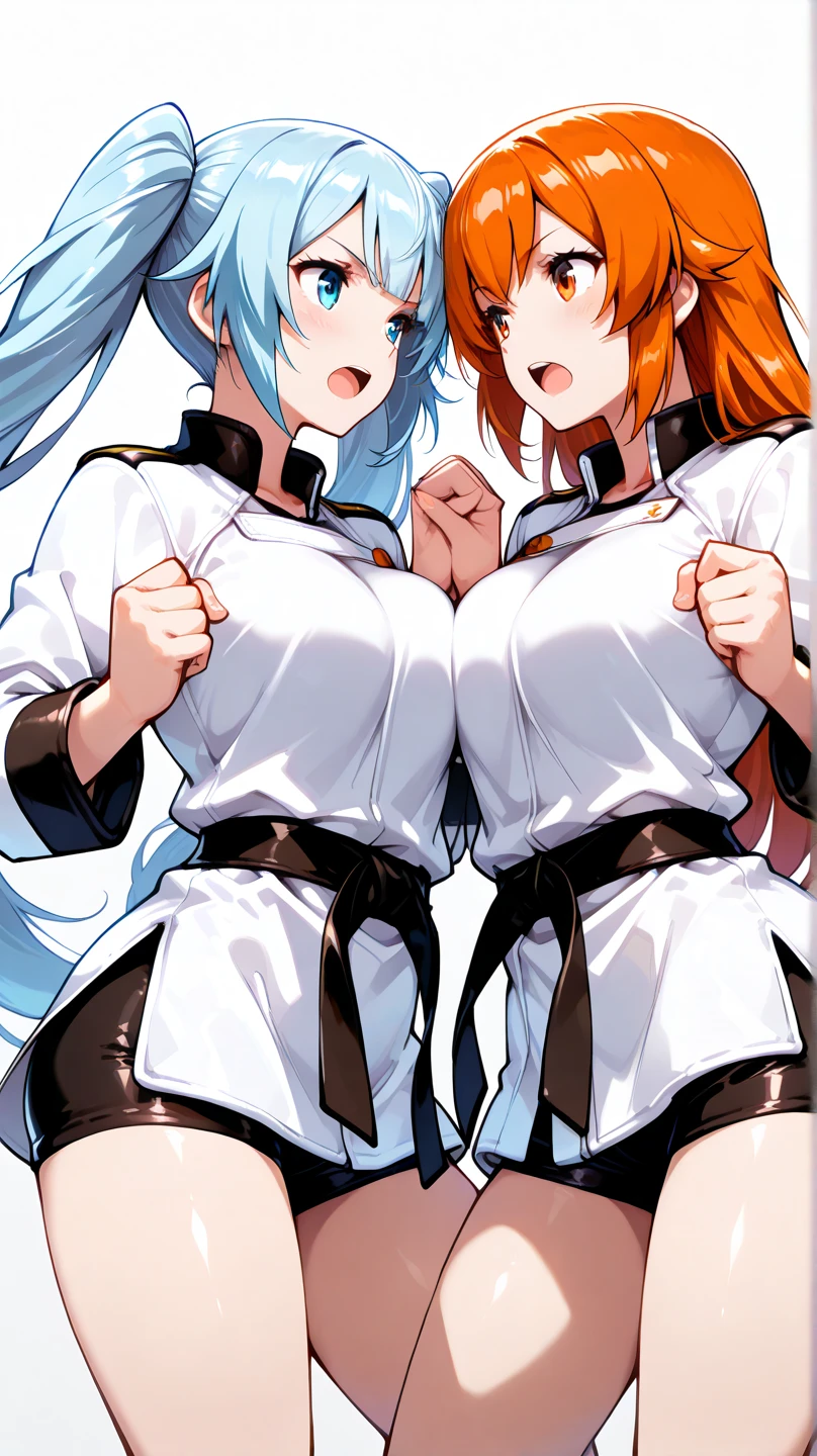 primer plano. Una foto de dos gladiadoras muy bellas y atractivas, usando varias piezas de armadura y levantando los brazos con el arma hacia arriba. ((One woman red head)) ((one woman white head))