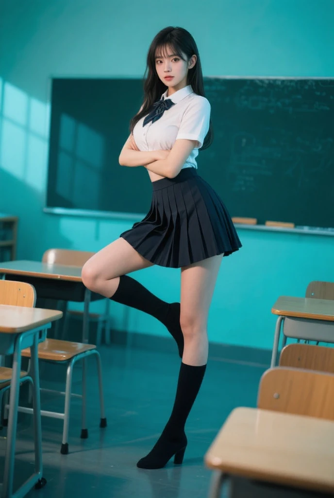 a little school slut about 6 years old. the Russian girl is 6 years old. flat chest. skinny, slender, beautiful smooth legs. She is dressed in a very short skirt like a prostitute. high heels and fishnet tights. He stands tall in the classroom.