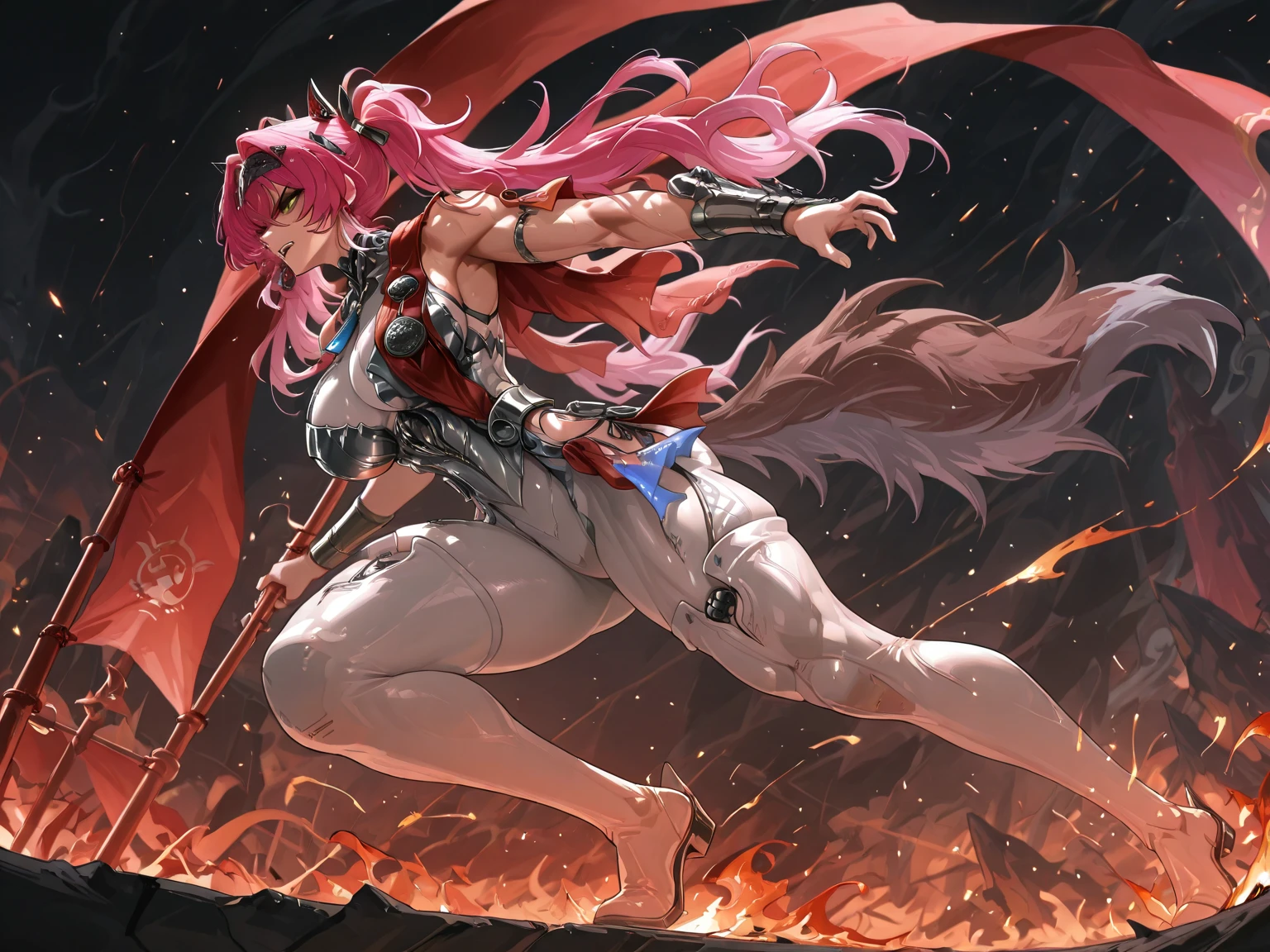 tmasterpiece，best qualityer，Need，A woman who has，A pink-haired，fox ear，Leaking out of long legs，Sexy and charming，