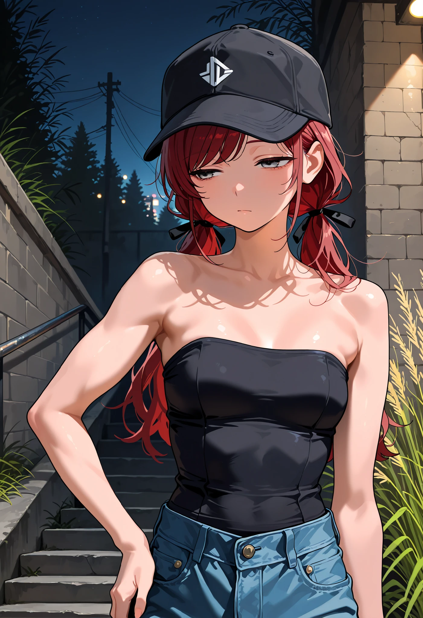 1girl, solo, Gray eyes, dark red hair, swept bangs, long hair, low twin tails, small breasts, toned arms from behind,looking away, close-up, bare shoulders, strapless sleeveless shirt, black shirt, black baseball cap, blue jeans, hair ribbons, black ribbons, night, lights, railing, concrete steps, brick wall, hands on hips, tired, half open eyes, upper body, pulling hat over eyes, tall weeds, willow tree branches, masterpiece, score_9, score_8_up, score_7_up