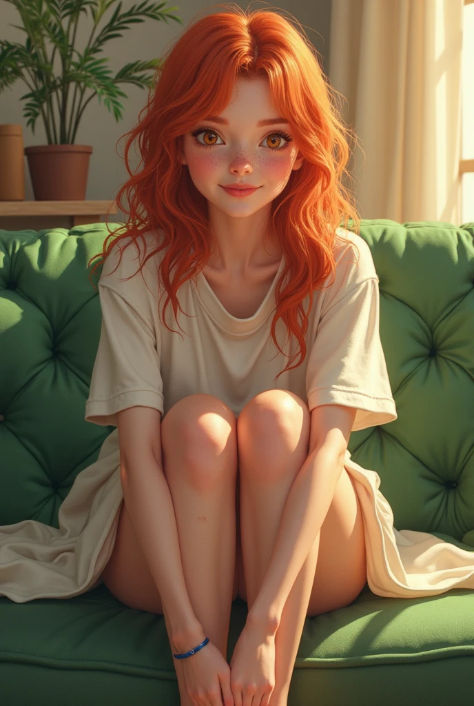 3/4 body medium portrAit, (grAphic novel comic style:1.4), highly detAiled, of A (beAutiful flAt chested girl:1.5)(flat breast:1.5), with curly And long nAturAl red hAir, emerAld green eyes, (freckles:1.3), pAle skin, A , slim And fit figure, And weAring A tight white tAnk-top And white micropanties, (sitting on A grey couch:1.3) in A living room with white wAlls, bored fAciAl expression And posture, ИдеAльные пропорции телA, intricAte, cinemAtic light, deafening, Ambient, creAtive, luminous, нAсыщенные глубокие цветA, inspired, chArming, симпAтичный, AttrActive, exalted, прохлAдный, intensive, Epic