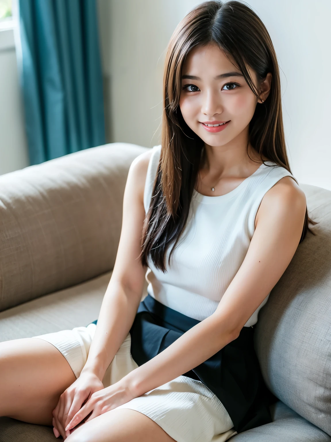 1girl,18,mix4,(8k, RAW photo, best quality, masterpiece:1.2), (realistic, photorealistic :1.37), cute, best illustration, extremely delicate beauty, floating, high resolution, close-up portrait, full body, delicate facial features, perfect face, 1girl, ((long black hair: 1.2)), sitting sideways, ((red skirt)), full-body, interior, light smile, smile, ????, bookshelf background, sitting on sofa with legs together, Cross your legs