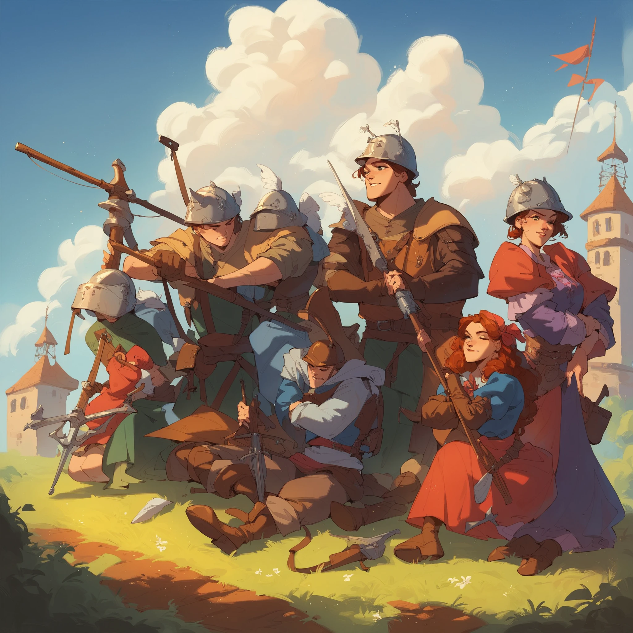 source_anime, score_9, score_8_up, score_7_up, score_6_up,art style, a group of adventures party, boy, girl, medieval western fantasy, adventure gear, wearing variant armor, helmet, bow, crossbow, albarest, catapult, ballista, musket