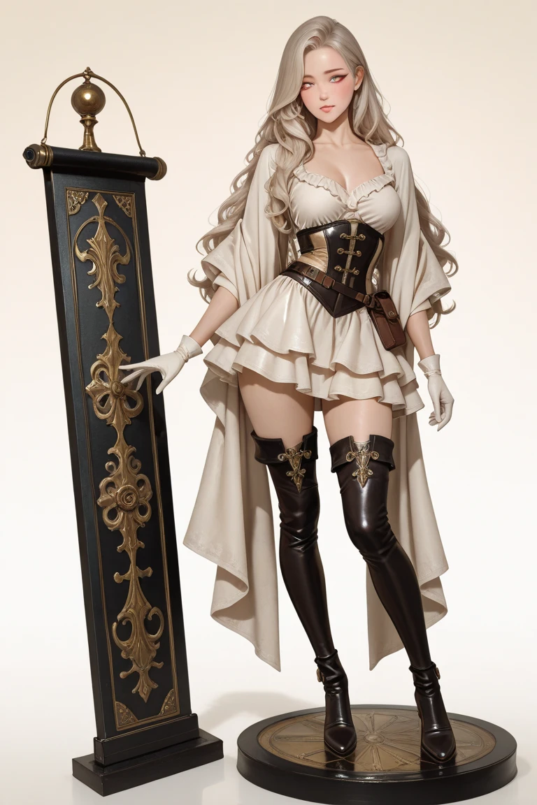 masterpiece,best quality,HDR,high-definition,Intricate Details,vray render,octane render,1girl, cute, armored, tanned, elf, blonde, long wavy hair, white skirt