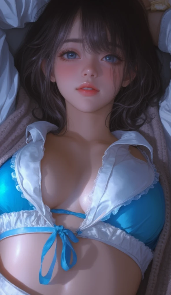 ((maximum quality )) short black hair blue eyes perfect body very detailed white medium breasts lying on the bed in focus rear angle showing vagina to the viewer sexy smile blush on face