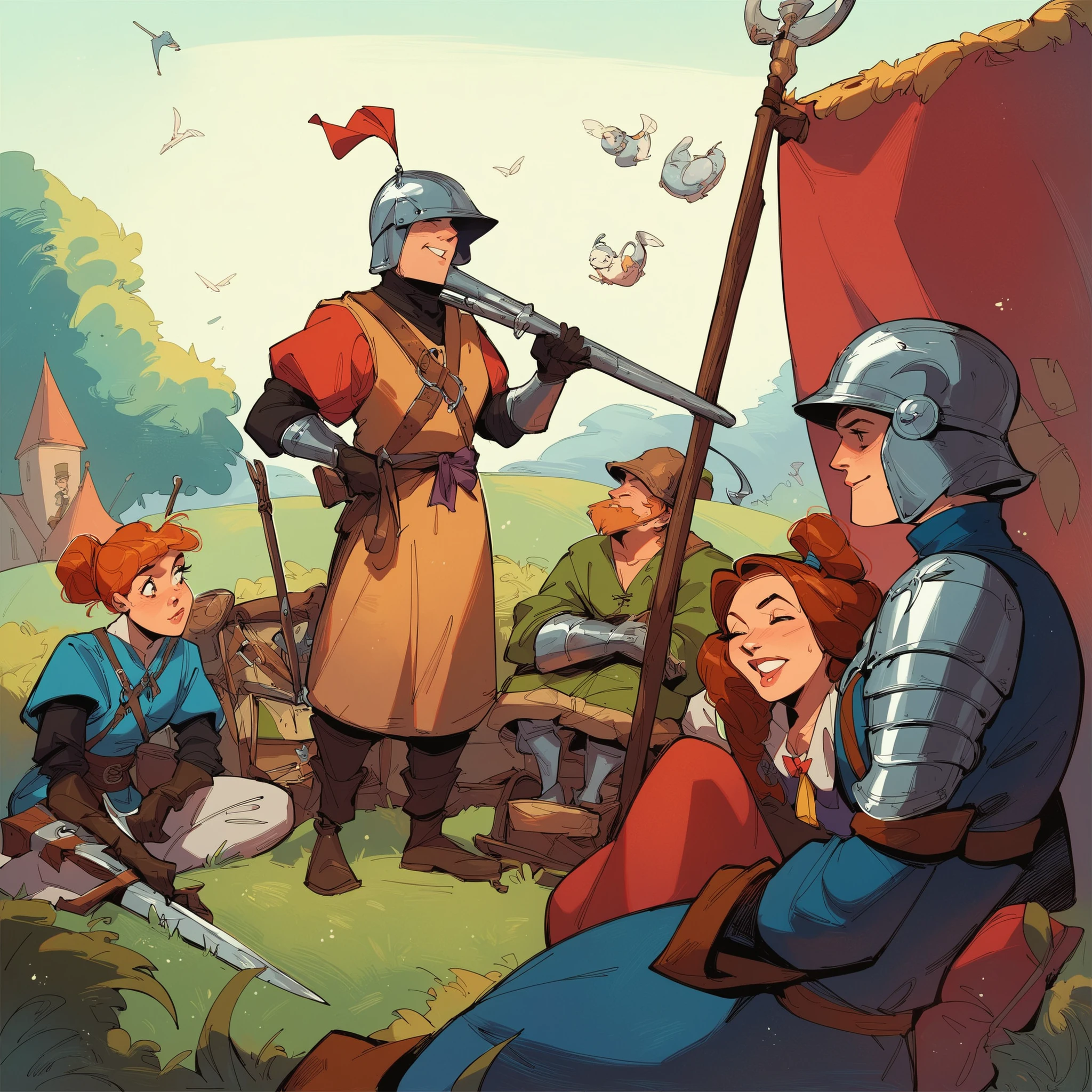 source_anime, score_9, score_8_up, score_7_up, score_6_up,art style, a group of adventures party, boy, girl, medieval western fantasy, adventure gear, wearing variant armor, helmet, bow, crossbow, albarest, catapult, ballista, musket