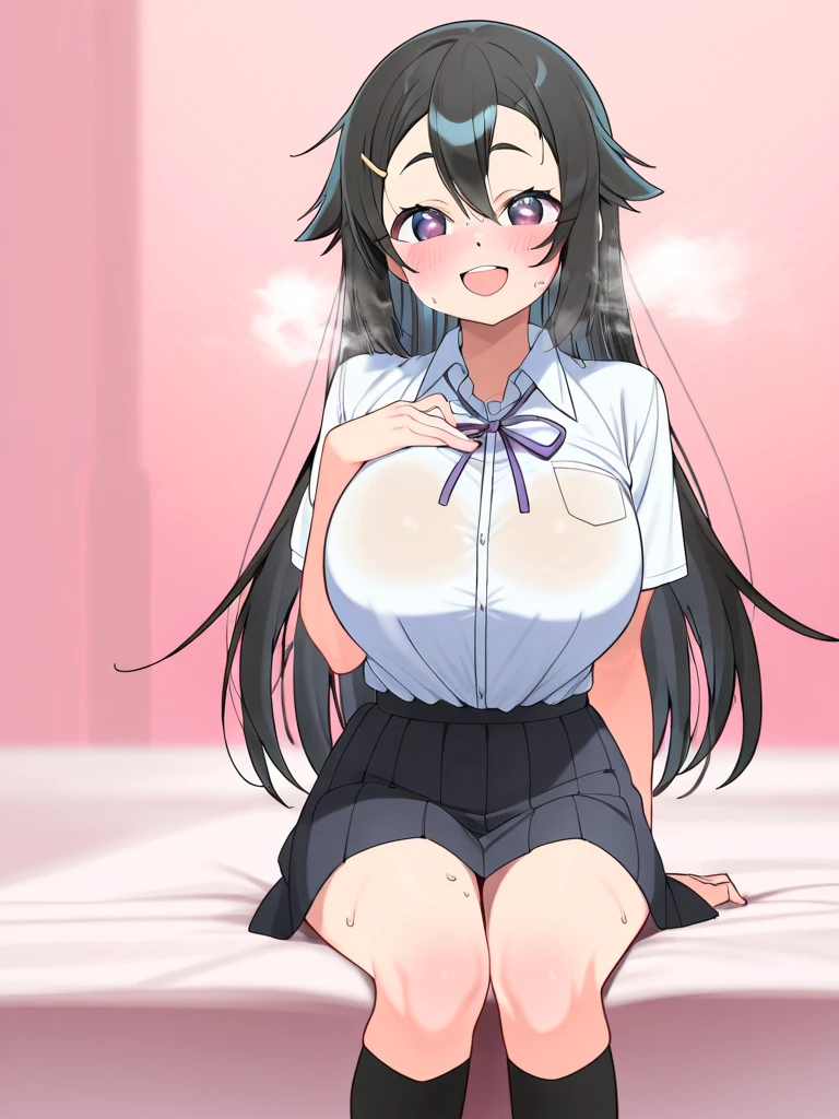 (NSFW:1.1),(masterpiece:1.2), (Highest quality),(Open your mouth)、 whole body, Beautiful Skin, Super fine, Highest resolution、(Black Hair)、(Short Hair)、blue eyes、(indoor)、Sit on the bed、Patsun Hair、(blush:1.1),(Realistic), 1 girl, Laugh with your mouth open、A scornful smile、(Navy Blue Skirt:1.1)、(Hair Clip:1.1)、(Two Side Up:1.1)、(White polo shirt:1.2)、choker、Long sleeve、、Moe sleeves、Earrings、Clothing、(White knee socks),(Cleavage:1.1)、Small breasts、Nipple peek、Budding breasts、Beautiful nipples、Beautiful nipples、Long valley、Long boobs、Long chest、Heart symbol、(Beautiful nipples:1.3)、Lolita、Brat、(Lolita:1.2)、Baby Face、Young face、