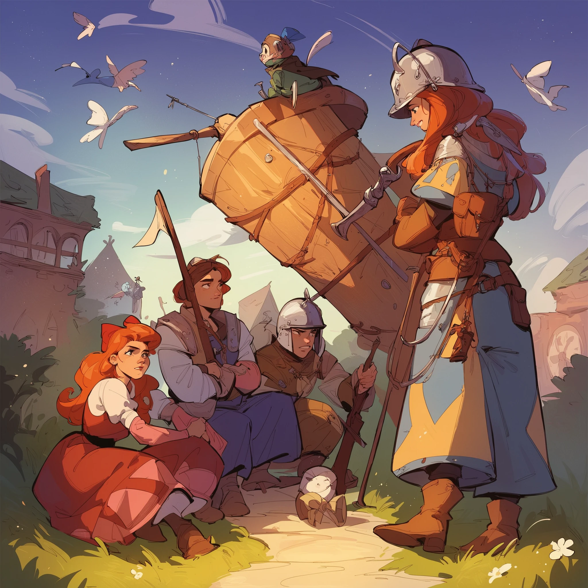 source_anime, score_9, score_8_up, score_7_up, score_6_up,art style, a group of adventures party, boy, girl, medieval western fantasy, adventure gear, wearing variant armor, helmet, bow, crossbow, albarest, catapult, ballista, musket