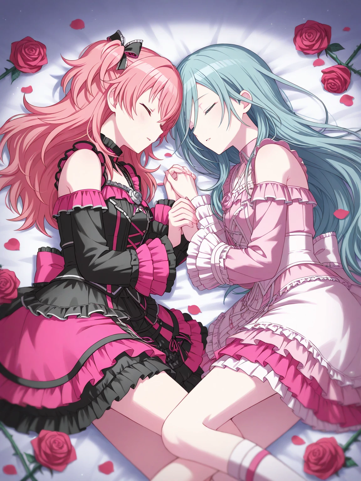(Felicia + Flora Maid outfit) 2girls together, standing next to each other, holding hands and hugging each other, french kiss, kiss, add details, very detailed