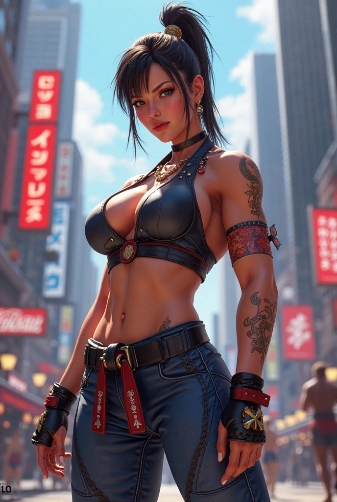 (((1 woman in frame), Pretty Caucasian (female), Sarah Shahi, a slim but muscular body, huge breasts)), ((bright red lipstick)), ((seductive smile)) ((big bright blue eyes looking towards the viewer)) ((short cut dark brown hair)), Ultra realistic 8K, flawless, tall,(Red Lip, Heavy makeup), Earring、Standing with formula car 、Nikon Z 85mm, ((Best Quality)) ,((masterpiece)), intricate details, Extremely delicate and beautiful, ((Jill Valentine - Resident Evil Series, Open chest ((breast strap)), ((exposed belly button, [[visible panty straps]]))、Ultra micro denim miniskirt(( very very micro))、((beautifull exposed long thighs))、)):1.0、（high heel:1.0、Full body shot:1.2、Sexy look, standing pose、NSFW:1.0, ((cyberpunk dark city)), sunset evening, ((view from front))
