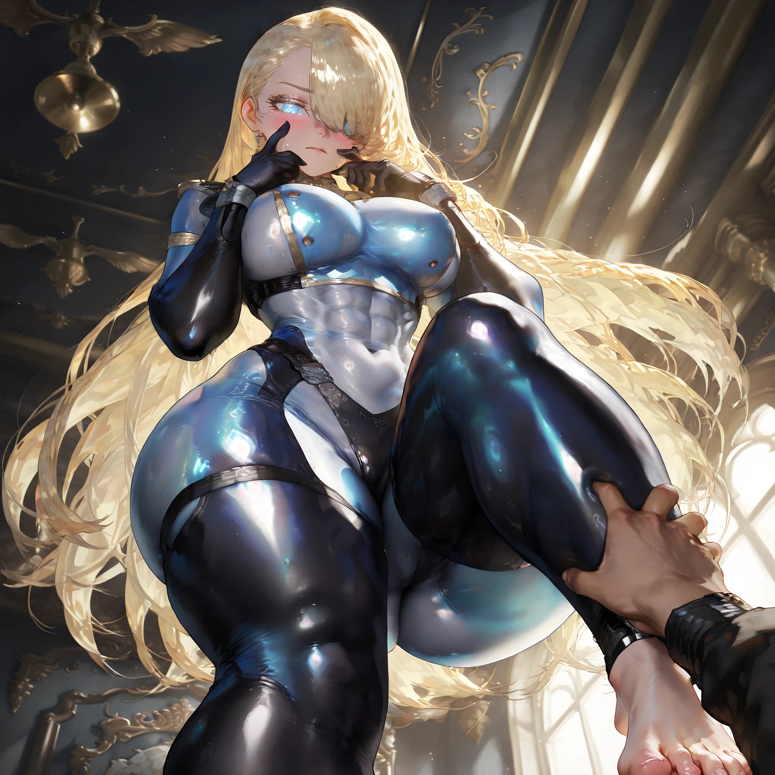 "Complete art masterpiece, high quality, ultra detailed in 4k, 8k, high resolution, hyper-realistic photo, hyper-detailed, realistic skin texture, amazing shadows, extremely detailed texture, perfect lighting, high-level image quality." A female heroine, (Fair skin, blond hair, outlined eyes, outlined face, bracelet, Full body), wearing a one-piece superhero costume, squatting with hands behind head