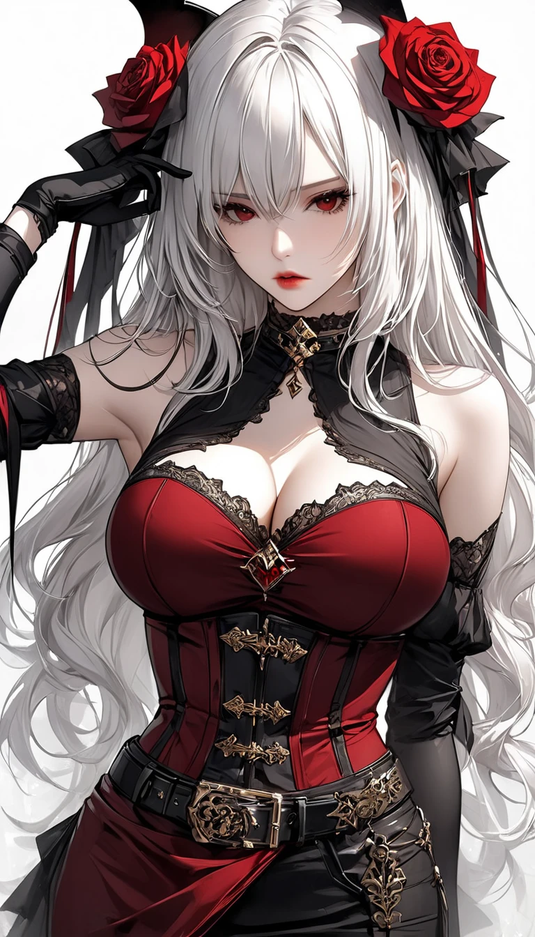 masterpiece, top quality, super detailed, high resolution, (realistic, photorealistic:1.37), excellent anatomy, beautiful 1 woman, solo, silver hair, blue eyes, long hair, medium breasts, sexy body and face, wavy hair, smile, parted lips, red lips, ribbon, crown of thorns, thorns, (red cape, dress flower), detached sleeves, hair flower, hair ornament, long sleeves, black corset, long skirt, red dress, rose, strapless dress, long skirt, thigh highs, black thigh highs, mksks style, beautiful background, orchestra, indoors, sexy pose, cowboy shots, sharp focus, ultra-detailed body and face and eyes, vibrant, creative, dynamic, 8k, (Upscale: R-ESRGAN 4x+ Anime6mage enchance:4x), voluptuous body, cinema lighting, looking at the viewer, (beautiful detailed face, beautiful detailed eyes, volumetric lighting), best light, best shadow, mysterious, perfect face, highly detailed,