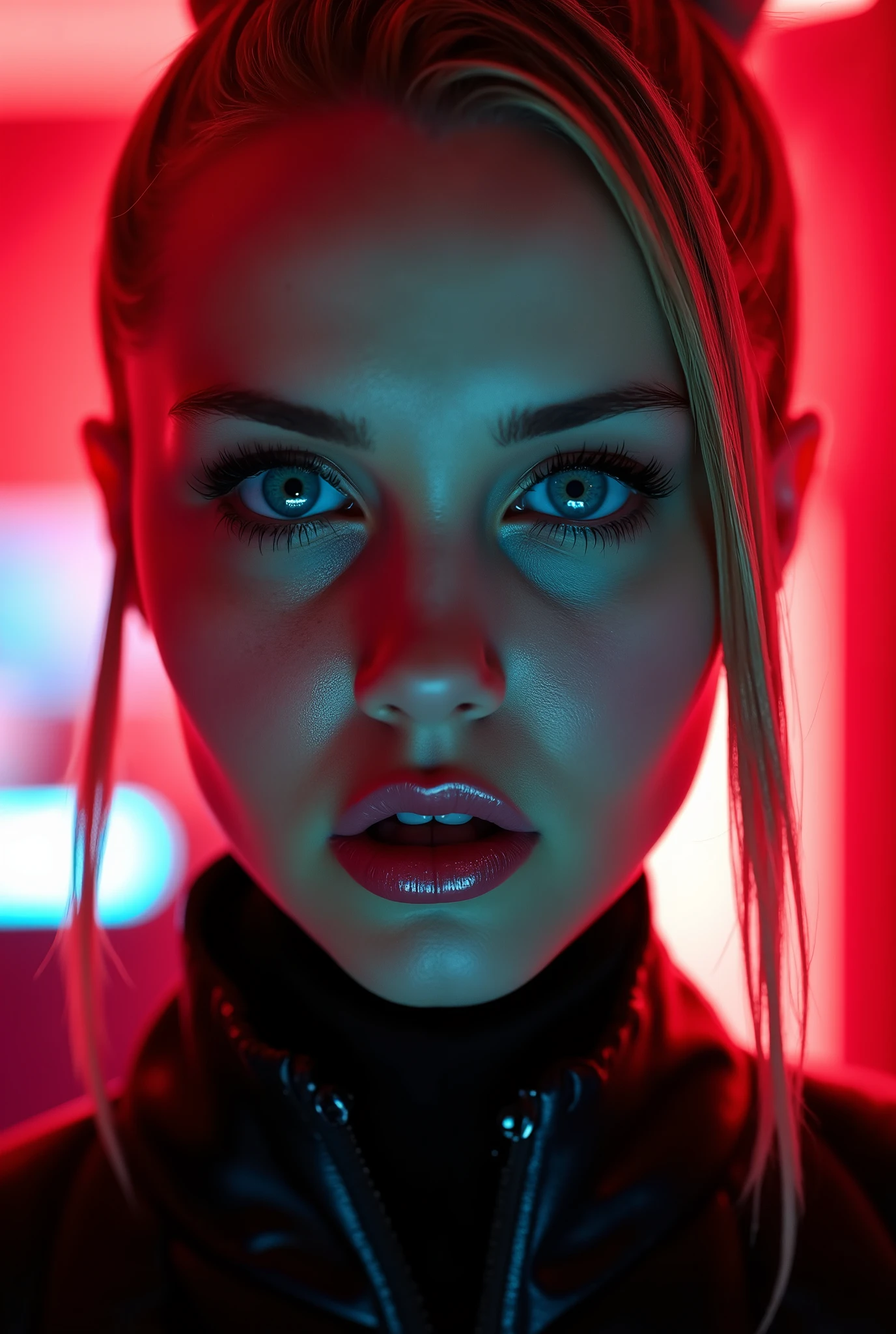 Ultrarealistic close-up portrait (beautiful pale cyberpunk woman with thick black eyeliner, blue eyes, laterally shaved hair, Hyperdetail, Cinema lighting, magical neon, dark red city, Hyperdetail, Cinema lighting