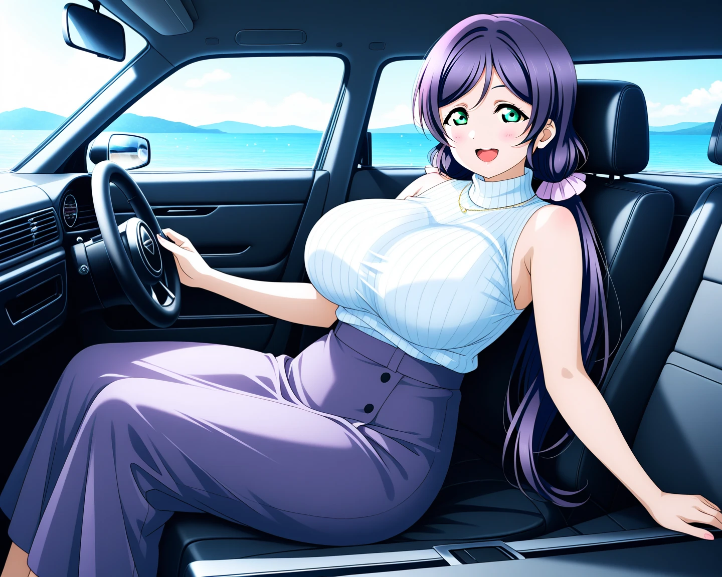 score_9, score_8_up, score_7_up, source_anime, luxurious gardens, POV, rich party girl, bracelets, blue hair, tan, arched back, natural lighting, gold chains, large natural breasts sagging, looking at viewer, strapless transparent white summer minidress, sitting in luxurious sports car, insanely detailed, sweaty skin, oily skin, wet skin, shiny skin, posing, armlets, view from above, detailed skin, hourglass figure, posing in luxurious expensive car , flirting, lustful gaze, tan skin, hoop earrings , eye contact , depth of field, cinematic illumination, volumetric lighting, Painstaking Attention To Details, Beuty, painted nails, pores, breast veins, slutty rich preppy party-goer, angled view, white high heel wedge summer sandals