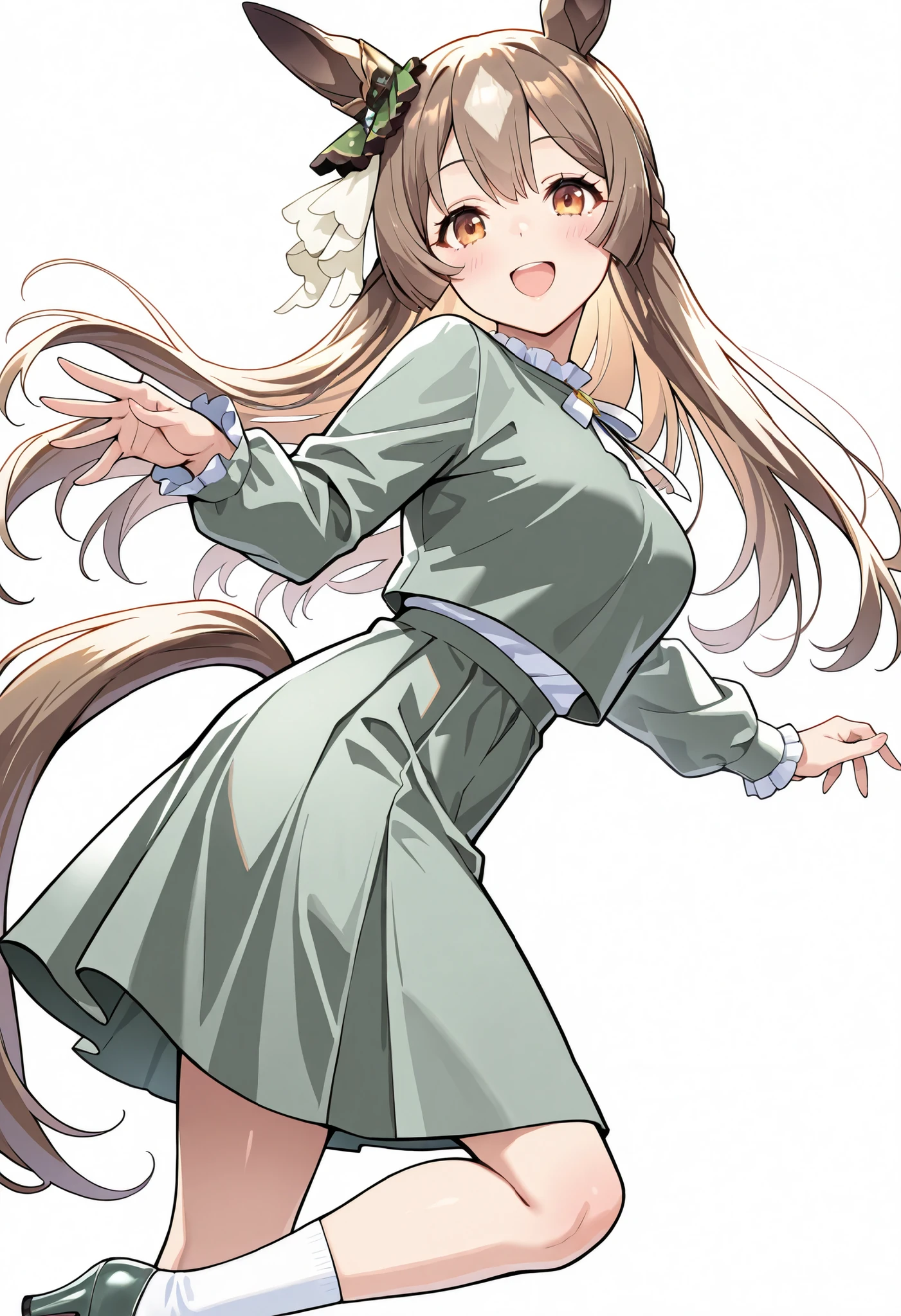 (masterpiece, best quality, perfect face:1.4), wide angle, satono diamond \(umamusume\), 1girl, horse ears, ear ornament, horse tail, tail on the lower back, proportional body, proportional, beautiful hair, beautiful face, beautiful detailed eyes, beautiful clavicle, beautiful body, beautiful chest, beautiful thigh, beautiful legs, beautiful fingers, looking at viewer, BREAK, casual, white socks, long sleeves,dark greenish gray high heels, dark greenish gray medium skirt, dark greenish gray cropped shirt, half updo, white frilled inner shirt,white neck ribbon,bare knee, BREAK, blush happy smile (open mouth), one eyed closed, textured skin, realistic skin, HDR, BREAK, good hands,