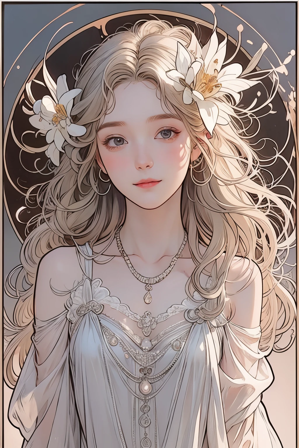 (oil painting of a young, beautiful woman), striking portrait, (calm, gentle, girlish smile), ((almost straight, medium-length blonde silver-gray hair)), (close-up), (simple, urban, sharp shirt in soft colors), (slim figure), small necklace, fine and precise details, small spring flowers, fresh greenery on the trees, monochrome city, pale purple-gray world, muted colors, bright primary colors used partially as accents, use of contour lines, clean line drawing, (Alphonse Mucha-style composition), (stylish decorative frame in the Art Nouveau style), masterpiece!, beautiful!, wonderful!, perfect!,