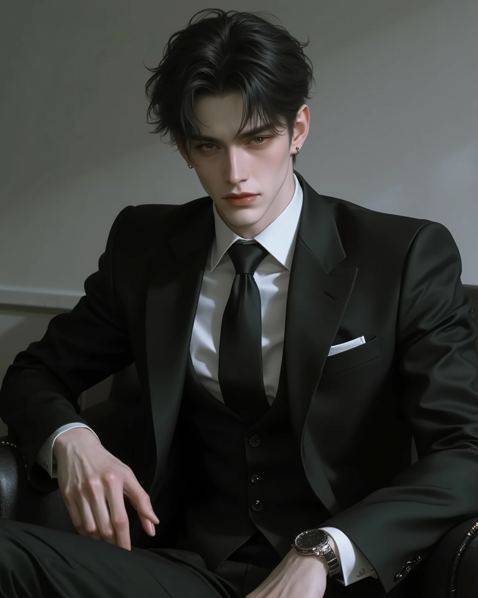 Korean men, strong body,, white, ผมสีดำ, , wearing a black suit,gray background, sitting on the couch in the office, natural light,s, Dark-eyed dude,
