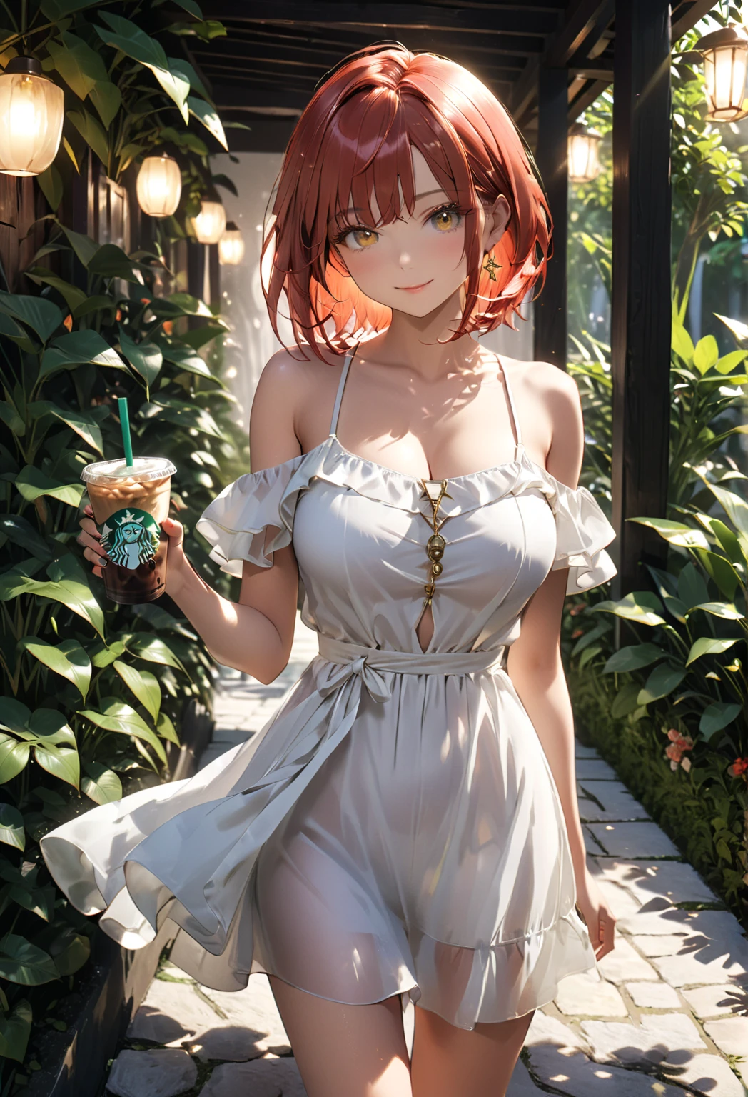 An exquisite slender tender girl of 16 years old with a perfect tender face with red hair with freckles in the rays of the rising sun, naked with tender breasts with pink nipples, barefoot on the veranda in the garden drinks (coffee) and looks at the flowers, in watercolor style, discreet light shades, Flares, imitation of film photography, against the sun, a lot of sun glare, light fills the frame, (Seaside town)