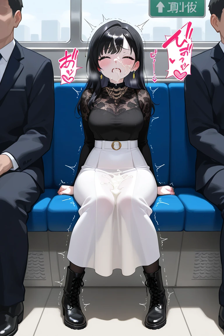 summer、in the train、thick、Sweat、、high school girl、summer服のセーラー服、、Low length、(((((Eyes hidden by long bangs)))))、(((Long black hair:1.2 hair band)))(((Black-rimmed glasses:1.2 black eye)))、Strong sunlight、thicksummerの昼間、Crowded train、Look at this、Front view、Full Body Shot、Lift your shirt、your 、Beautiful breasts、(((touching chest from behind))), (((small, An older man presses his chest against a younger woman's back))) and (((Grab her waist)))、Nipple massage、She looks 、(Big Breasts)、old man talking in ear、Surrounded by a large number of middle-aged men、Orgy、Sweatだく、Sit with your legs apart、Middle-aged man licking his neck、Sweatだく、、Grit your teeth
