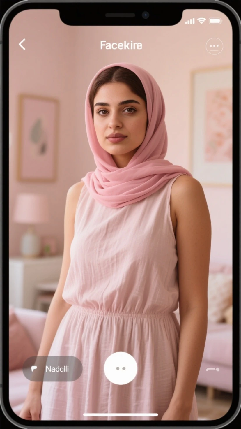 Generate an image of a male with soft and pretty face. He has a thin body and is wearing a soft pink pashmina hijab, a white ruffle maxi dress, and a soft pink long outer. The character is standing in a kitchen, facing forward, with a feminine stance and effeminate gesture. The expression on his face is cheerful, and the overall atmosphere of the scene is cheerful and bright.