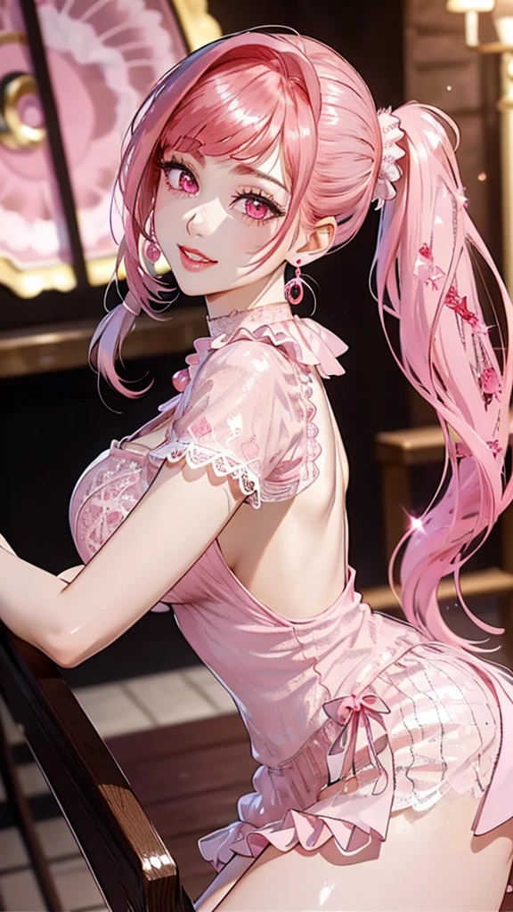 (8K, masutepiece, Best Quality, Official art, beautiful lighting, The best masterpiece in history that exceeds limits, beautiful detailed), (1 Girl, Solo), (sixteen years old), (beautiful detailed face), (shiny white skin), (Beautiful big bust, cleavage, thighs, navel:1.3), (beautiful detailed pink twin tails hair, Bangs:1.3), (beautiful detailed drooping pink eyes:1.5), (black china dress costume, short length tight skirt:1.3), (happy smile:1.2), (Attractive, sensational, Look at the camera, cute pose, siting), (simple plain white back ground:1.5),