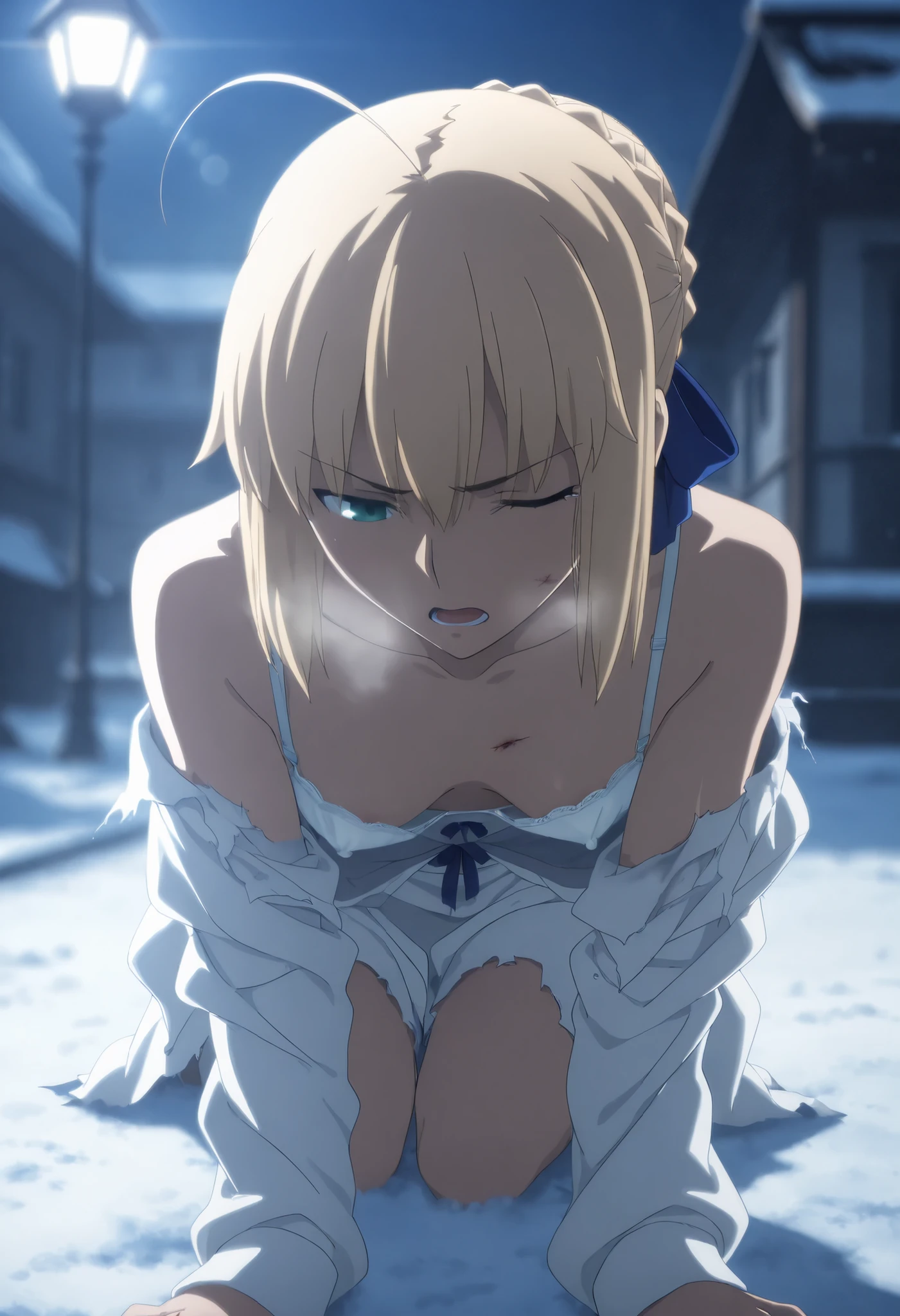 {artoria pendragon_fate ubw:1.15},blond hair, beautiful dark green_eyes, , ((Strong light )) , 1 girl,, alone,((surprised eyes:1.5)), hair between eyes,(wet white lace panties:1.5),show off white lace panties, bare shoulders,, cleavage, thighhighs, short hair, ((torn wet white shirt, topless:1.5)) , beautiful light, , close up face:0.2, detail navel , detail thin thigs, , ((sitting on green liquid:1.8)), nsfw,(ecstasy:1.8) ,(slut:1.6),(vulgarity:1.7),(fucked silly:1.8),(steam:1.5),(wet:1.5),(trembling:1.5),(Turning the face side to side:1.7) ,(drooling:0.6),(sweat:1.5),closed mouth:0.8, wince,(orgasm:1.7), trembling:1.8, beautiful upper body, Beautiful body, beautiful character design, perfect eyes, Perfect face, expressive eyes, Turning the face side to side,(church:1.5),in the center of the image, official art,High Definition CG Unity, Perfect lit, bright_front_face_lit, ,(Highest_quality:1.0),4k,Super detailed, photograph, 8K, nffsw, High resolution, absurd:1.2, kodak portrait 400, film grain, Lens flare, (lively_color:1.2) (beautiful,small breasts:1.4), (beautiful_face:1.3),(narrow_waist),blush, ((detail nipple)),,saber, dress, pony tail