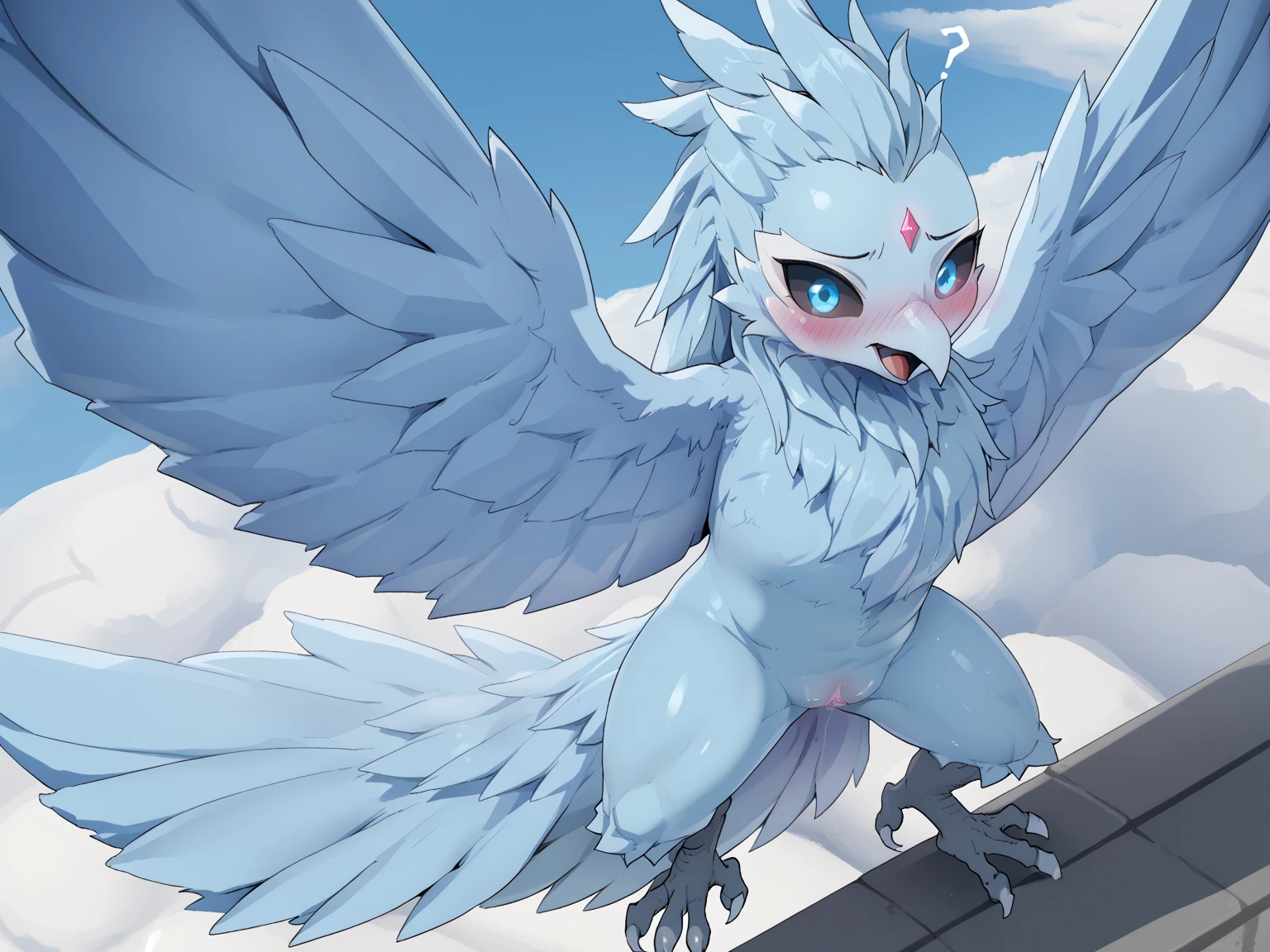 ultra-detailed, masterpiece, masterwork, high quality, best quality, hdr, (nature, japanese style), nsfw, male, solo, avian, chibi, (nude), (white little body crow), (long silver hair, beak, detailed yellow eyes, tsurime), horn, action pose, hip focus, lower angle, dynamic angle, (micropenis, foreskin, perfect balls), wings, two arms