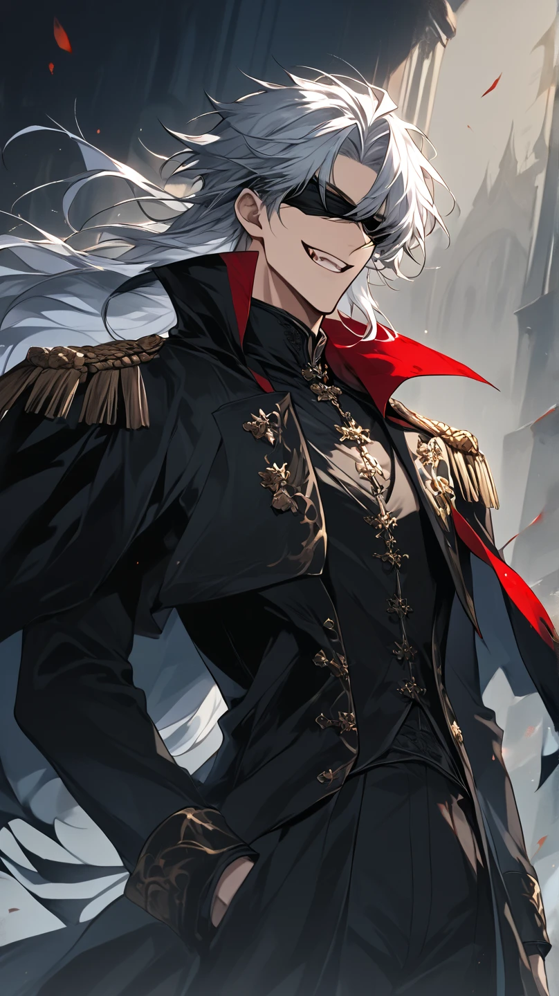 1 boy, anime, futuristic setting, high quality, wolf ears, wolf tail, butler suit, white button-up, spiked collar, chains, holster belts, sleeves rolled up, some undone buttons, scars, bandages, messy hair, fangs, moles