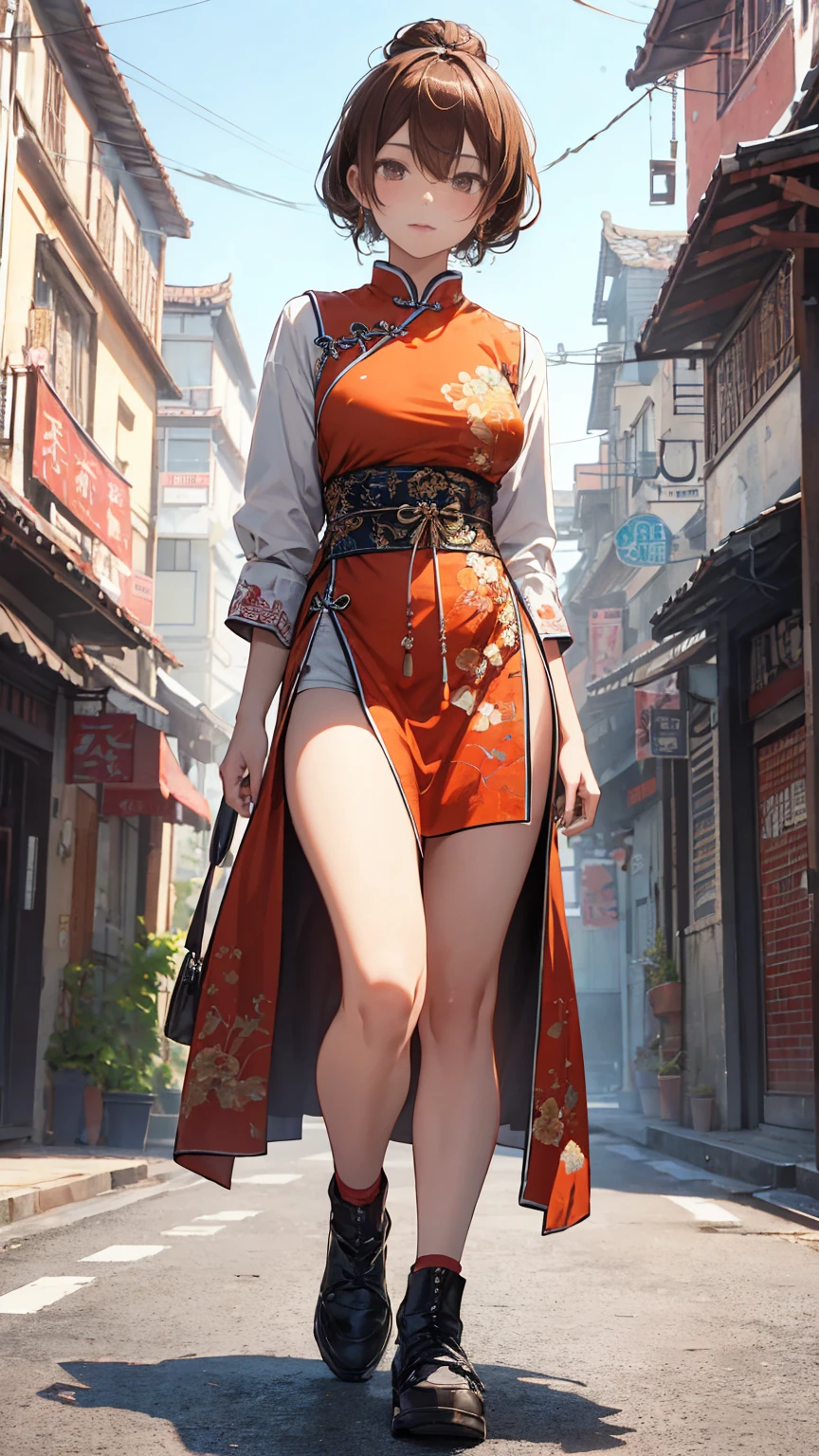 a young man having long legs, thick thighs, large hips, thin and narrow weist, and Chinese dress, very small spikey boyish haircut, man , wide hips, bearded man, man,penis bulge