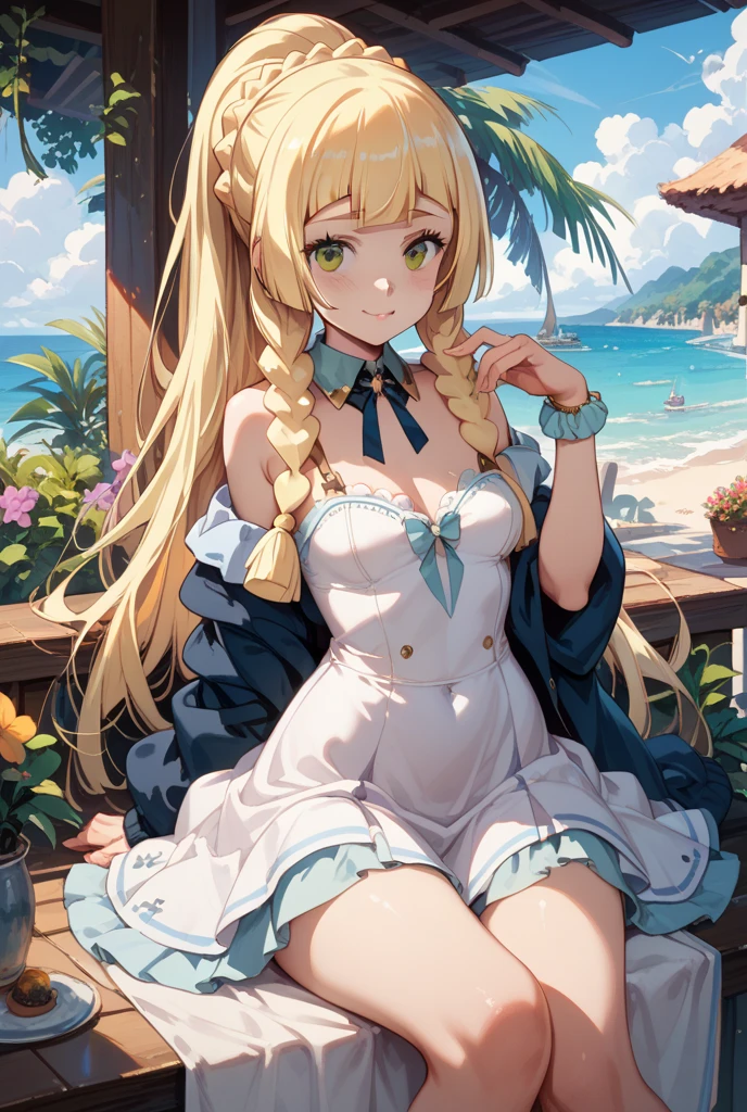 ((Best Quality)), (ultra-detailliert), ((Extremely detailed)), (Beautiful), ((Kawaii Girl)), ((UHD)), (masterpiece), (high quality), (best quality), (4K), (high quality), 1, solo girl, 1girl, ((platinum blond hair)), parted bangs, ((hair intakes)), long hair, (hair two side up long), ((jade colored eyes)), slanted eyes, large breasts, slender body, lite blue frilled bikni, (strings frilled) bikini, Pool Background, (blue sky:1.3), solar, sunlight, anime, ;D
