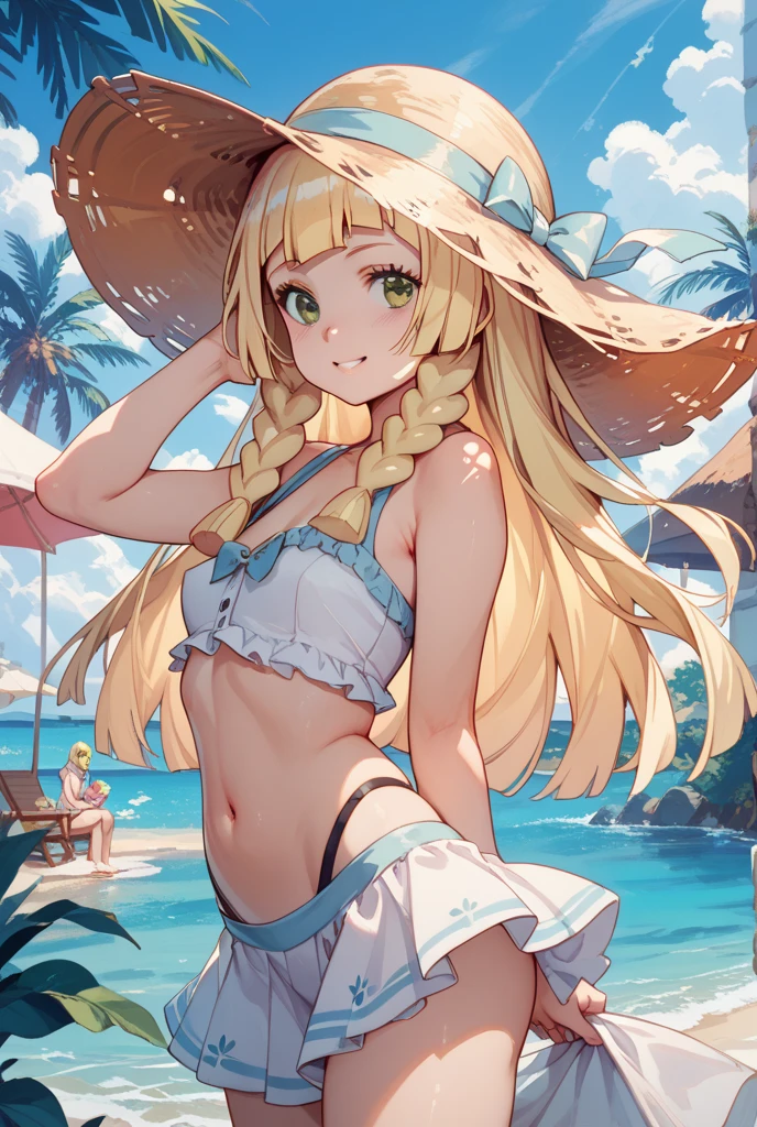 (Superflat, Flat Shading, Flat Color:1.1), (Seaside), One girl, a bit, , slim, Flat Chest, (Sunburned skin:0.6), Long blonde hair, blue eyes, (striped panties), topless, Straw hat, From behind, end, Lean forward, Bend Back, look back, smile, Wind, blue sky, Bright sunlight, Best Shadow, watercolor,