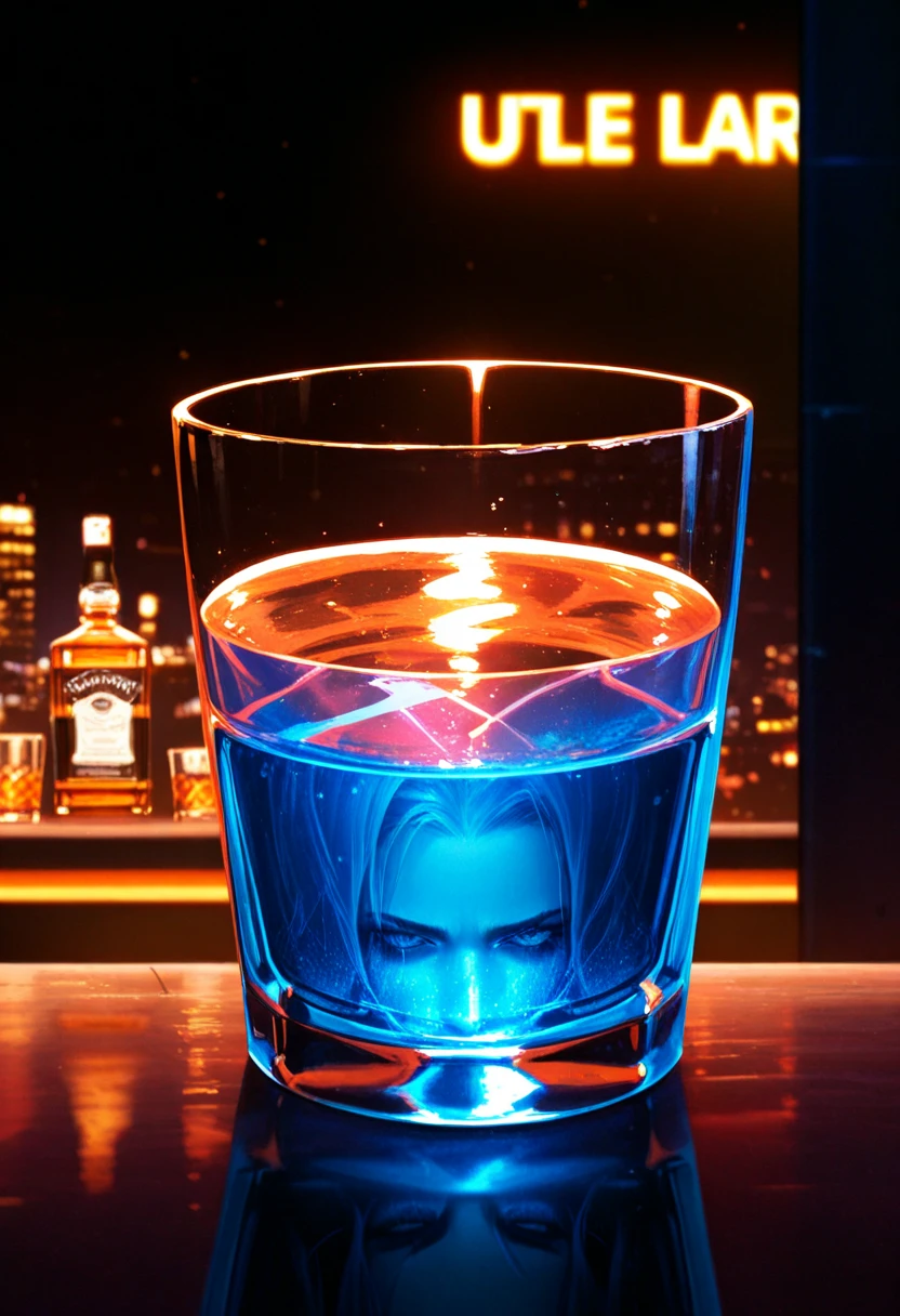 mad-sprklngtr,  woman sitting in a bar holding a glass filled water and swirling bubbles in the shape of a woman <lora:sparkling-water-flux:1>