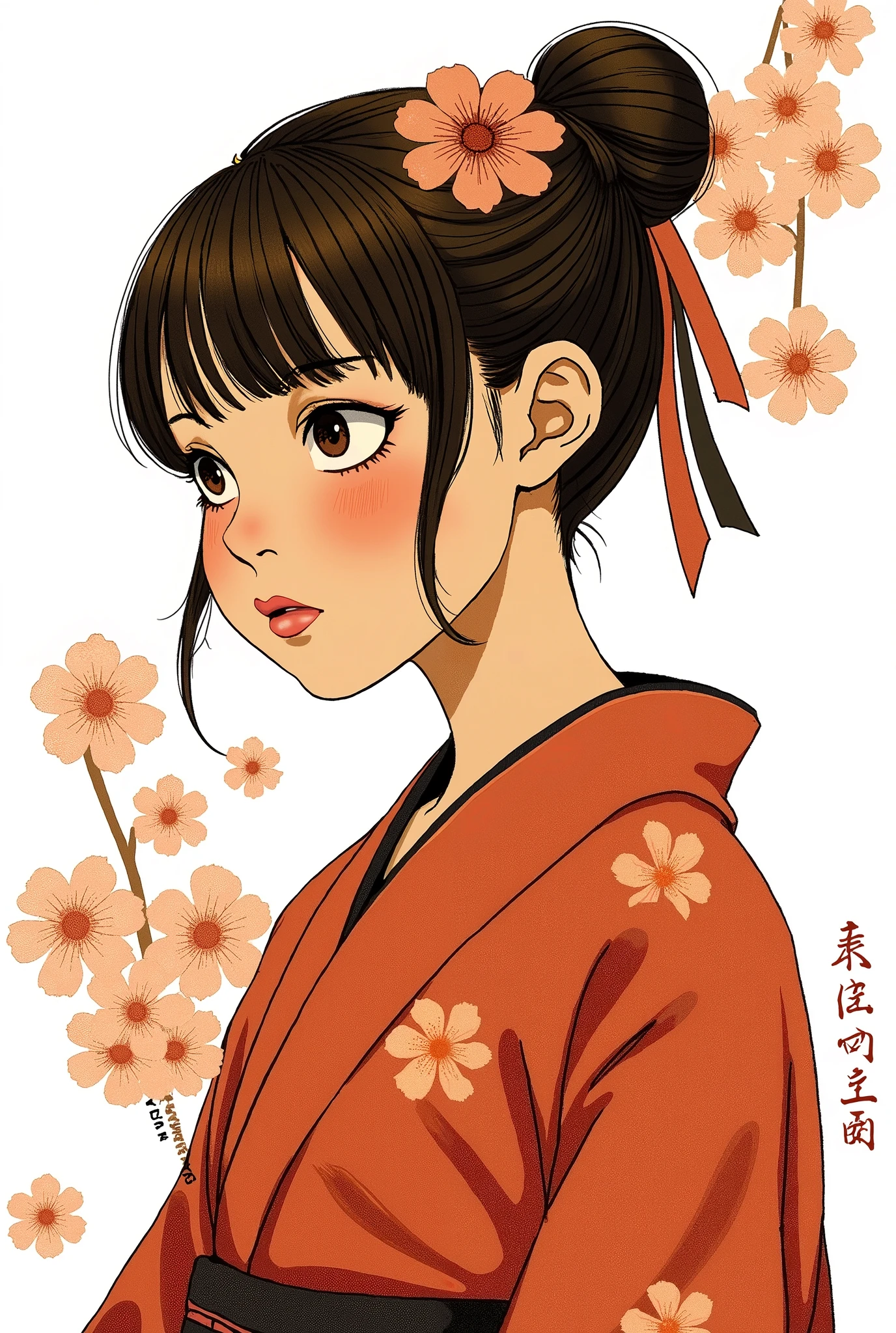 pop art is drawn, digital art, drawn with brown ink on white paper, Japanese Kimono, white and brown brush strokes, melancholy expression, upper body, thin slanted, very detailed and dynamic, expresses shadows with precise lines, delicate and precise expression, cherry blossoms dance in the background, modern art, Strichstil, dark sepia filter
