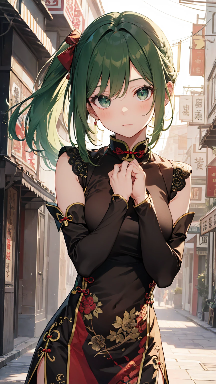 anime catgirl, ((deltamon)), (carrying a backpack), (thin cat tail a green), break, short hair, ((green hair1.5)), (cat ears a green), bob cut, 4 defined fingers, 1 defined thumb, (looking at viewer), break, sexy, ((solo)), (1 woman), ((25 years old)), ((highest quality)), ((masterpiece)), (familiar),  skindentation, perfect face, 8k , (cowboy shot), break,((metallic costume)), break, blue eye, beautiful princess, evil smile, medium breasts, perfect limbs, (visible nipples:0.9), (camel toe:0.5), sexy, (sexy pose), sitting, (dutch angle), Shining Chinese dress with flashy embroidery a golden, put both arms behind your back, ((park in the city)), ((reclining)), from below,