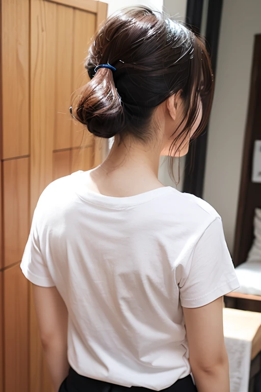 Top quality, 1 beautiful woman, super short Hair, shy Smile, wearing t-shirt, back pose