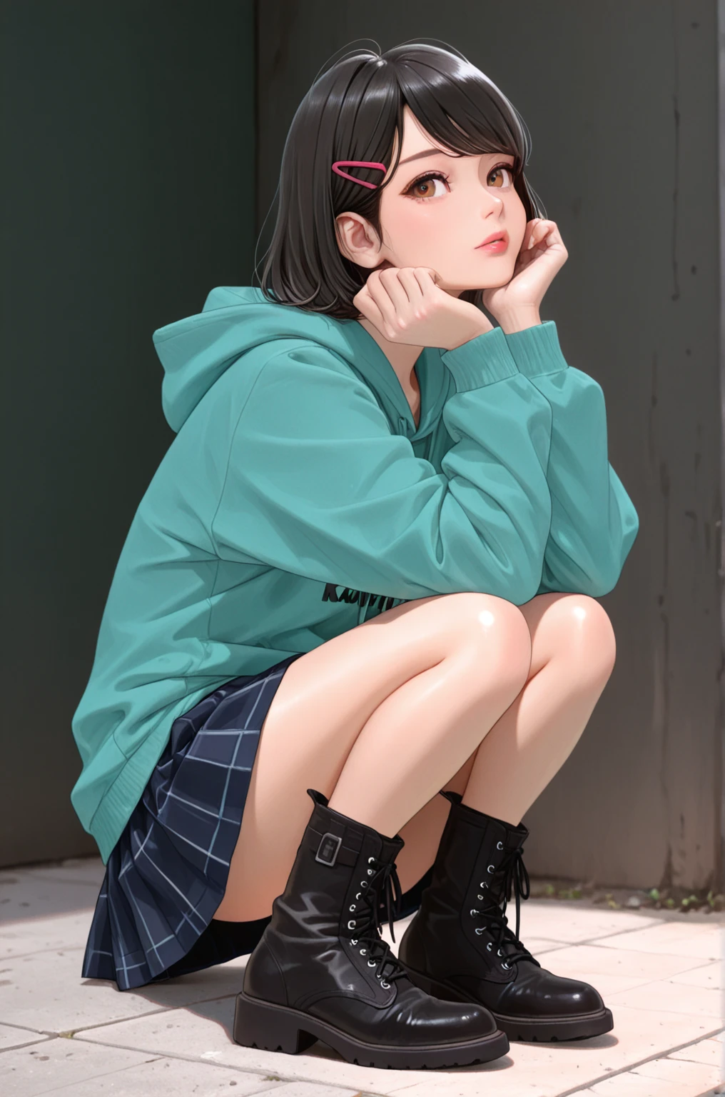 Dark girl with short hair,Shy,blush,Turquoise sweatshirt,Pink skirt,White knee-length socks,black boots,Classroom scene,for the audience,stand