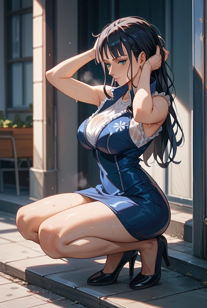 青いドレスを着た3人の女性がsignboardの近くに立っている, (signboard、Guide plate)、I can see your feet, Tight light blue neoprene suit, Wearing high heels and white dress, wearing Japanese , sleek legs, Descriptive!!, Beautiful legs, Japanese , Set in the Bank of Tokyo parking lot, fun, Wearing maid uniform, In a plastic blue dress, Elegant legs, Long legs、Camel Toe、Giant tit、Nipple Puffs、Cleavage、Plump、Super big breasts、Super big butt