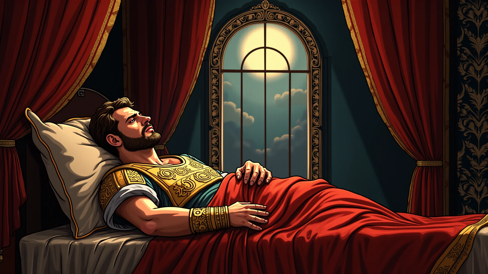illustrates a 50 year old king bare chested in bed raising his arms up