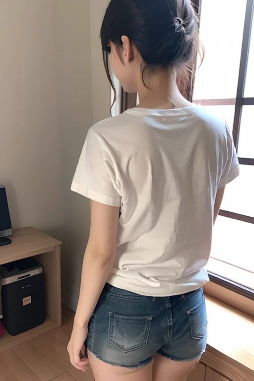 japanese modest girl,unkempt and damaged hair,white t-shirt,jersey gray pants,large tareme,curvy,ponytail,