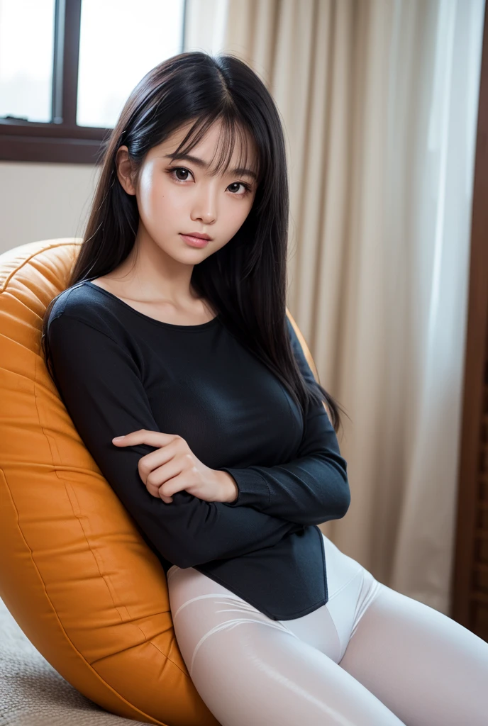 A woman in a black dress, close-up sitting on bed, Korean girl, sexy look, sexy shot, young cute asian girl, cute woman, upper body slip shirt, yoga pants, (full body: 1.2), 8K, masterpiece, very high quality, high quality video,
