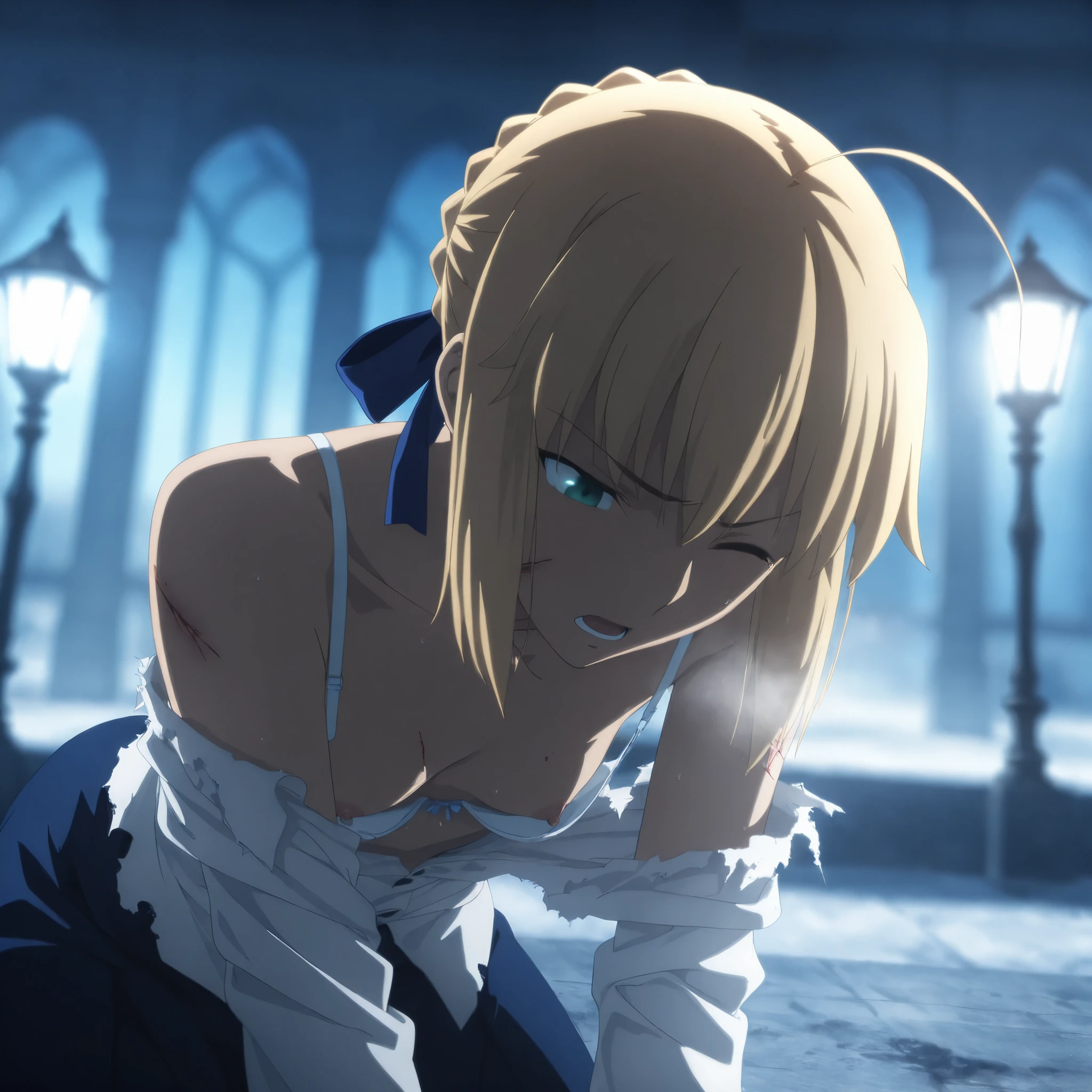 masterpiece, best quality, amazing quality, highres, absurdres, very aesthetic, high resolution, ultra detailed, perfect details, solo, evening, outdoors, ufotable style, (european architecture, lamp, snow,), (lens flare, blurry background, blue hour), from above, backlight, , fisheye, ,
1girl, ufotable style, anime style, (anime coloring:1.5), (anime screencap:1.2) ,yokozuwari, hands on ground, (wince, frown, furrowed brow),(wound:1.5),
girl, mature, slim body, slender body, ,artoria pendragon (fate), saber (fate), blonde hair, green eyes, ahoge, hair ribbon, blue ribbon, french braid, braided bun, single hair bun, short hair, sidelocks ,(heavy breath),screaming, light sweaty skin, (show off nipple), undress white shirt, off shoulder, nipple slip, white bra pull, ((torn clothing)), (small breast, ), (looking down), ,