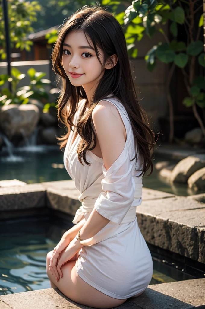 8K Super Resolution、Beauty、One Lady、Dark Brown Hair:1.1、Ultra-detailed face、Detailed lips、important、(Eyes meet)、double eyelid、Princess Eyes、 Beautiful Japanese Woman、Beautiful Japanese Woman、 Sensual lips、Bewitching body、Bust size 82、8 Life-size、Standing in a provocative pose facing forward with a well-balanced, natural body、Girlfriend in her 20s、(28 years old)、far and near method、Smiling with a nice smile、 wearing white one piece dress、Hair blowing in the wind、Clear images、The sparkle of tiny eyes、Fine autumn leaves dyed red、color々Hair style、
