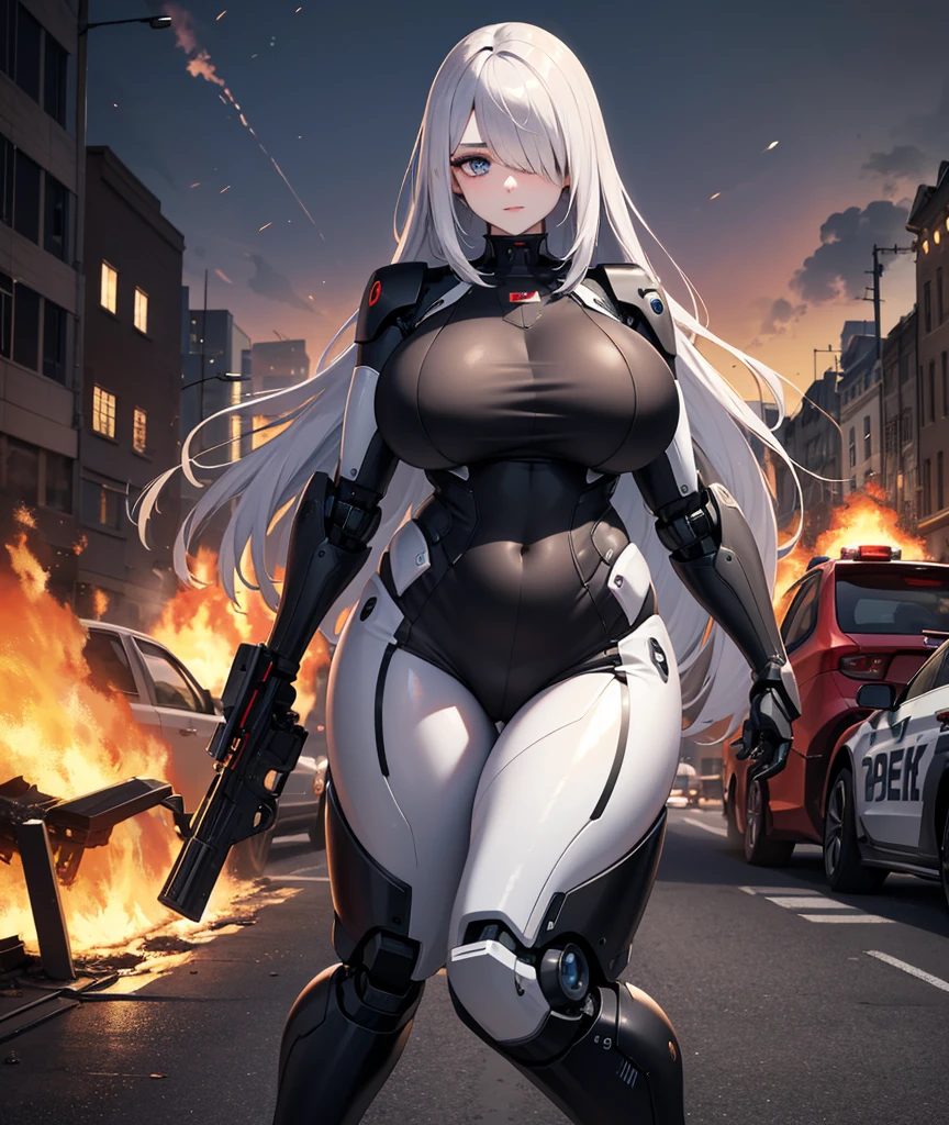 (full-body/upright/standing view:1.3). (({yamato})), ((in a futuristic city completely destroyed with flames coming out of the destroyed buildings)). {yamato}: wearing (((clothing/maid/black+skirt/white:1.5))), (((extremely +tight clothing:1.4))), is looking at the viewer, (extremely large breasts:1.5), doing exhibitionist/non-stooped/seatless poses, holding a long black rifle., Hyperrealism, anime, 16k, UHD, masterpiece, best quality, high details