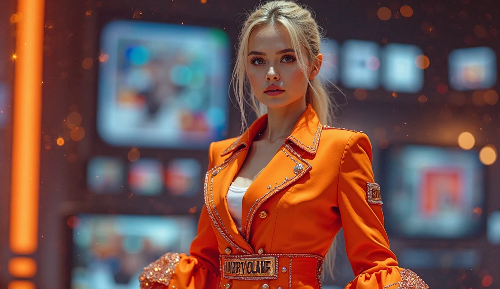 A full color portrait of a beautiful blonde woman, adorned in an orange jacket, full comic con, crowded, shy, epic character composition,by ilya kuvshinov, alessio albi, nina masic,sharp focus, subsurface scattering, f2, 35mm, film grain <lora:JoanaRedgrave:1>
