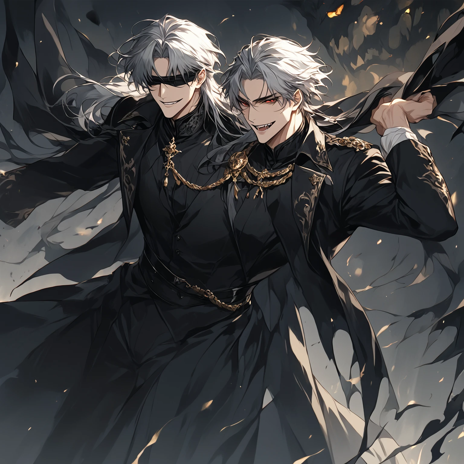 Perfect human body modeling, 1 guy, young boy, handsome, fangs from the mouth, black long hair, shiny hair, glow eyes, white skin, slim-body, Western-style fantasy, RPG, old castle, moonlit night, Vampire Lord, opportunist, white wolf, black Cloak with red lining, tuxedo,
