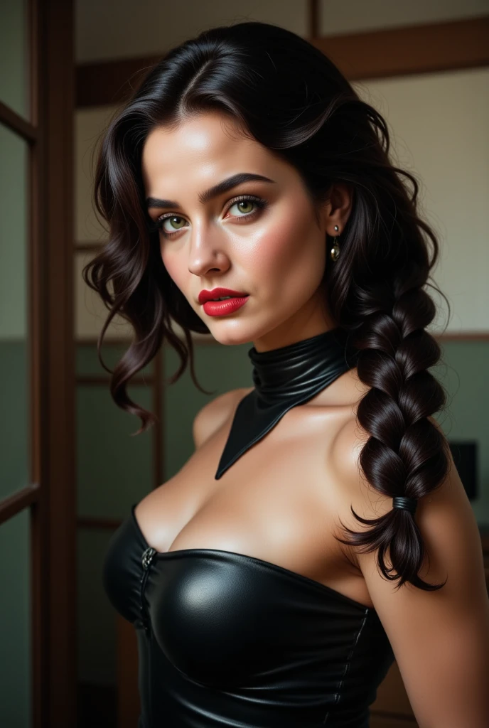 Gorgeous european woman with very long hair, hair in a ponytail with a fringe, wet hair, hair slicked back, combed straight back, slick hair, streaked auburn hair, seductive pose, kelly overton, dressed in a vanessa helsing costume, cleavage, solid dark grey background